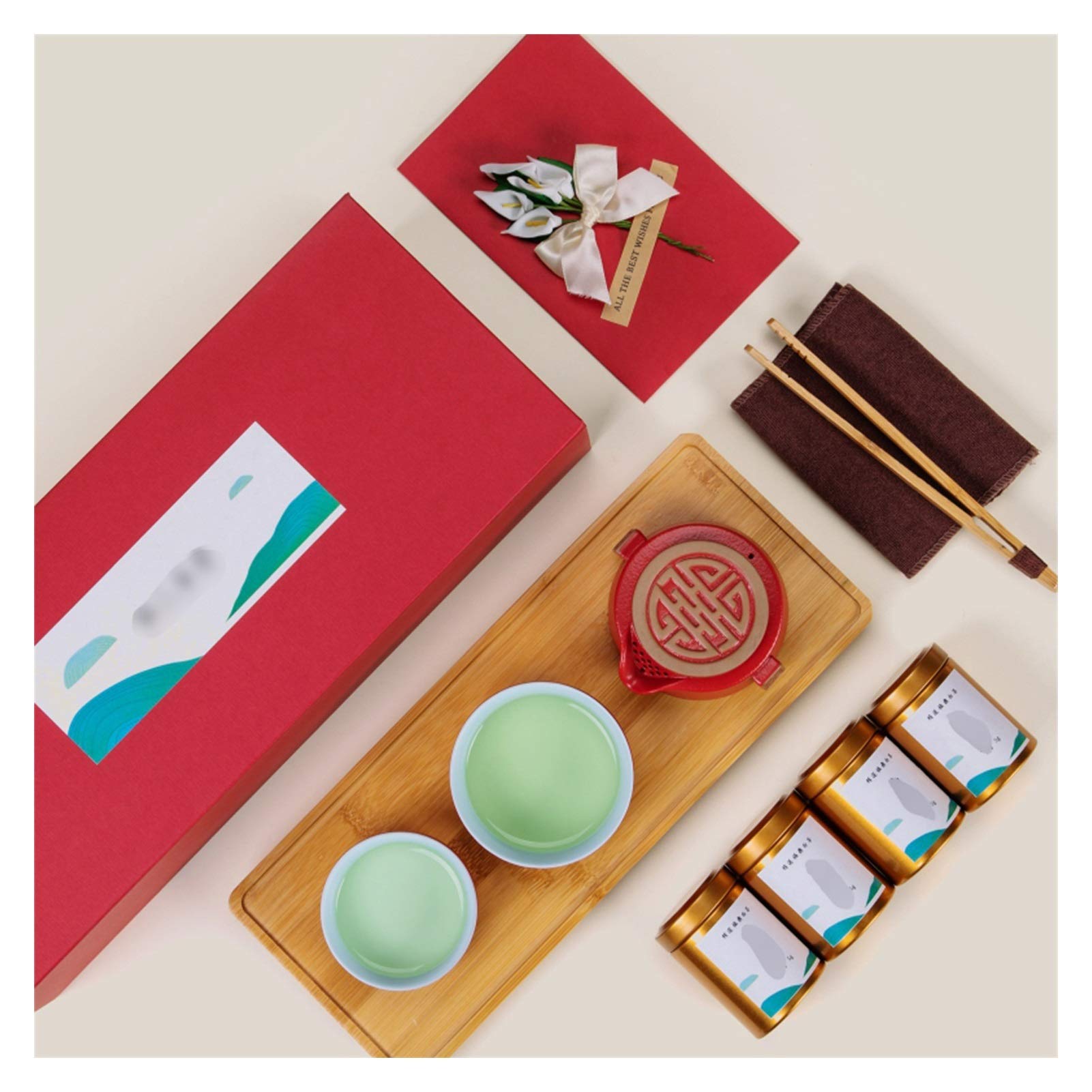 Tea Sets for Adults Czerwony szkliwione ceramiczne zestawy herbaty, w tym herbata herbata filiżanki bambusa taca herbata ręcznik luźny liść herbata próbnik pakiet prezent filtrowanie herbaty maker chi