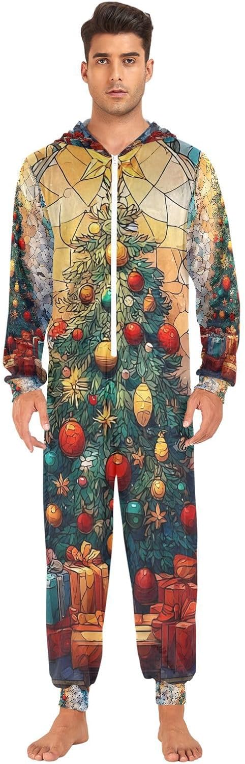 Stained Glass Christmas Tree Colors Adult Onesie Pajamas for Unisex Novelty One Piece Costume Sleepwear