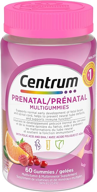 Prenatal Centrum Multigummies with DHA and Folic Acid, Postpartum Multivitamin and Mineral Supplement, 60 counts, 30-day supply.