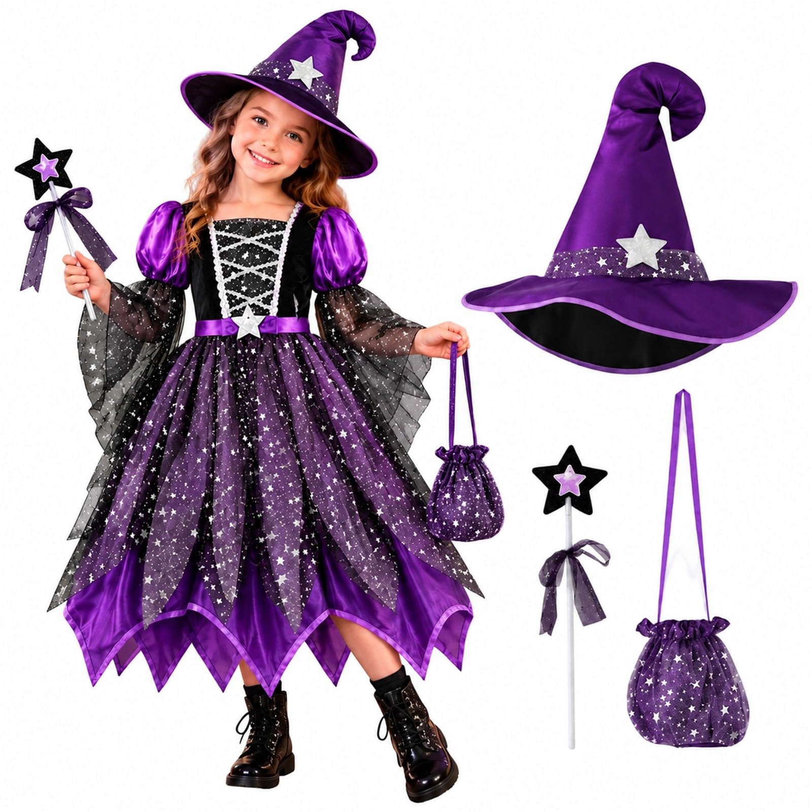 Girls Witch Costume For Baby Kids Childrens Childrens Witch Halloween Costumes Cosplay Fancy Dress Set Witches Outfits Witches Dresses With Hat, Bag And Magic Wand 4 Piece Set, For Carnival Party