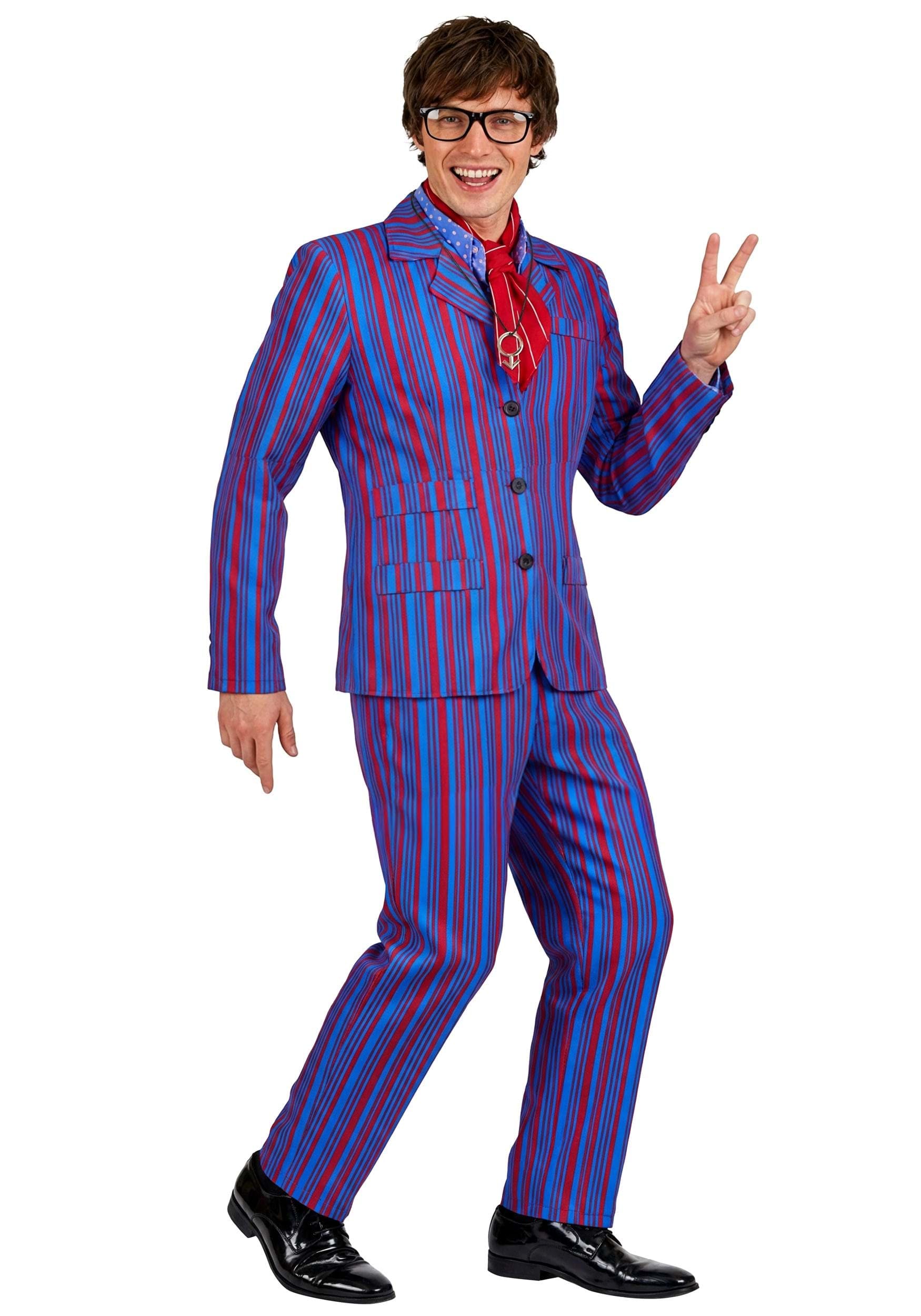 Men's Purple Striped 60s Swinger Costume Suit with Jacket, Pants & Ascot Retro Mod Halloween Outfit Small