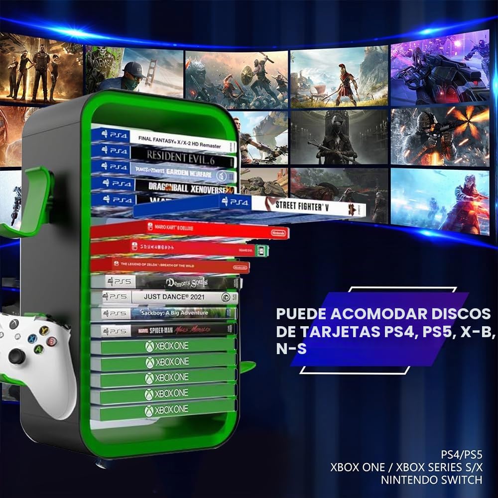 Torre de Almacenamiento de Juegos para PS5/ Xbox Series S & X/Switch, Organizadores Universales de Discos de Videojuegos, Almacena 18 Juegos, con 4 Soportes de Controlador (Grün)