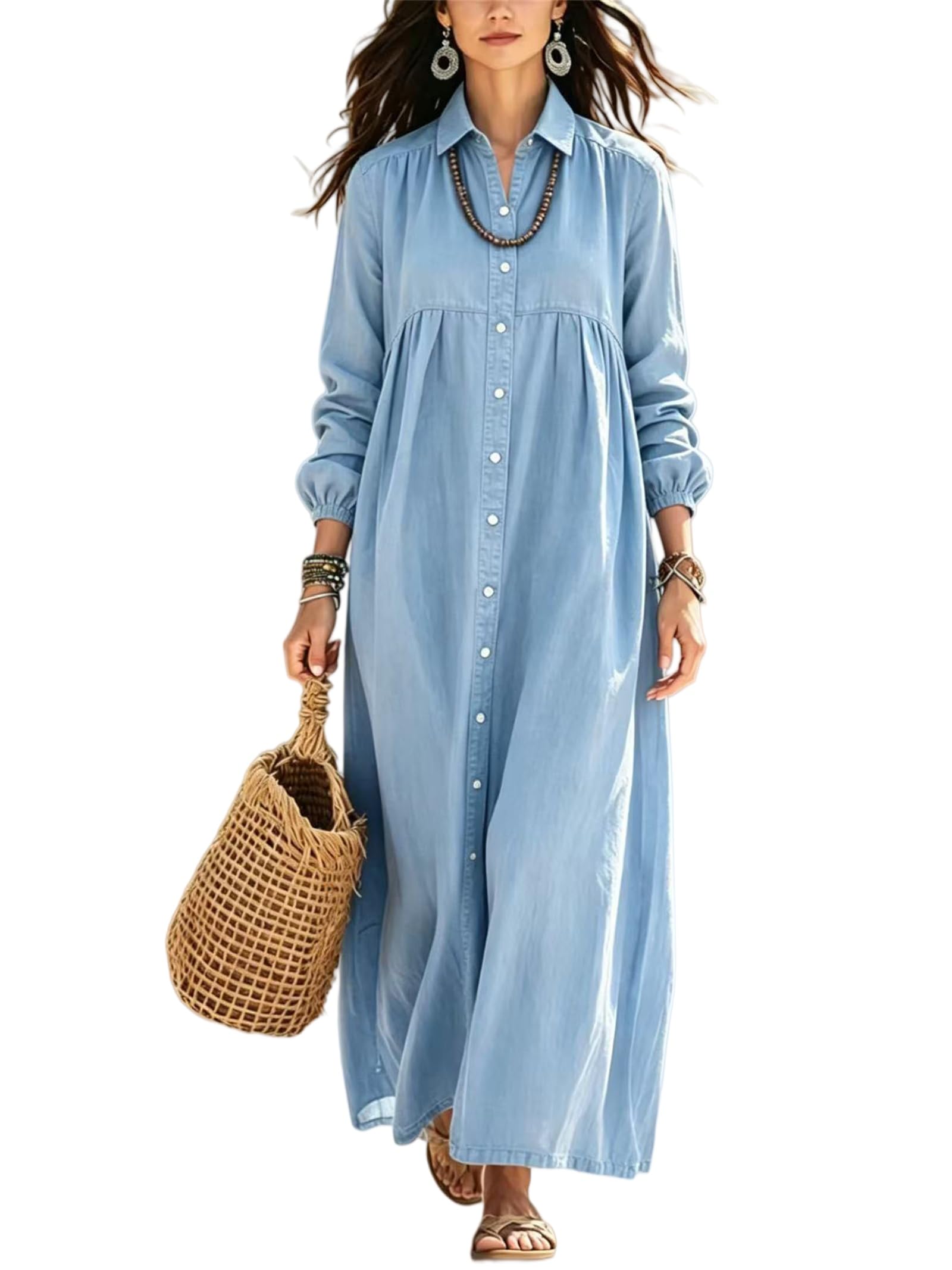 Vestido largo para mujer, manga larga, con botones
