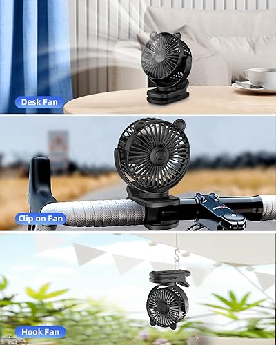 Miniatura 8 de KIDEE Ventilador portátil con clip, pequeño ventilador de escritorio que funciona con pilas, rotación de 360, silencioso vertical, 3 velocidades,