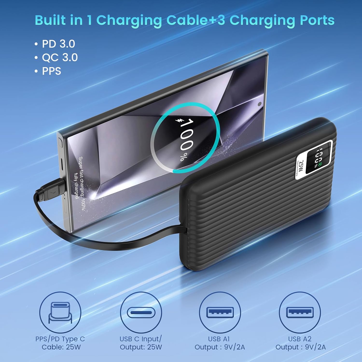 25W Super Fast Charging Portable Charger Power Bank with Built in Cable, 10000mAh Slim USB C Power Bank for Samsung Galaxy S26 Ultra/S26/S26+/S25 Ultra/S25/S24 Ultra/S24/S23 Ultra/S22 Ultra/Note 20