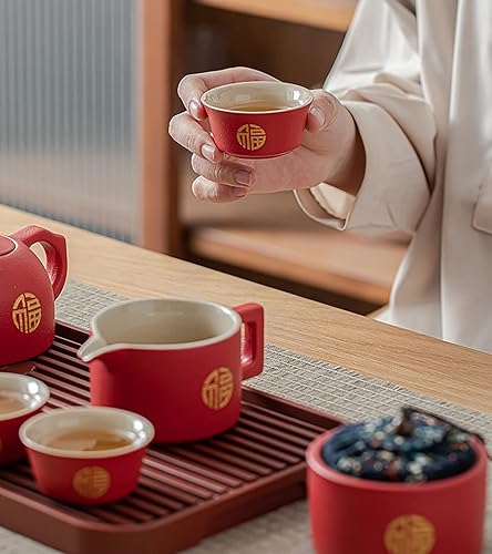 Miniatura 8 de Juego de té chino de kung fu, tetera de porcelana de doble felicidad, tetera roja para boda, suministros de decoración de boda tradicionales chinos,