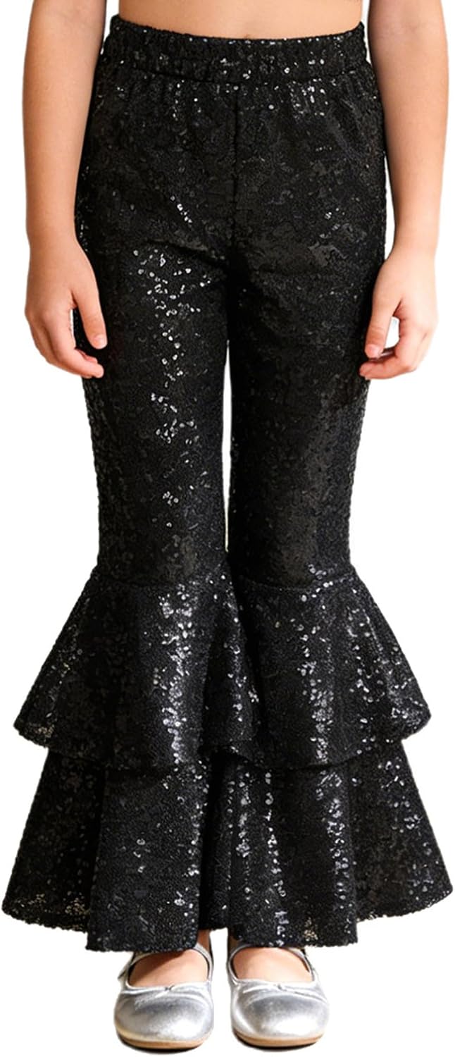 TiaoBug Girl's Sparkly Ruffled High Waisted Sequin Flare Pants Trousers Glitter Dance Bell Bottom