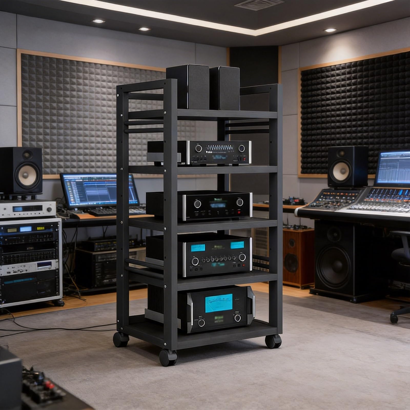 Meuble Chaine HiFi avec support stéréo à 5 niveaux : armoire AV multimédia noire pour salon