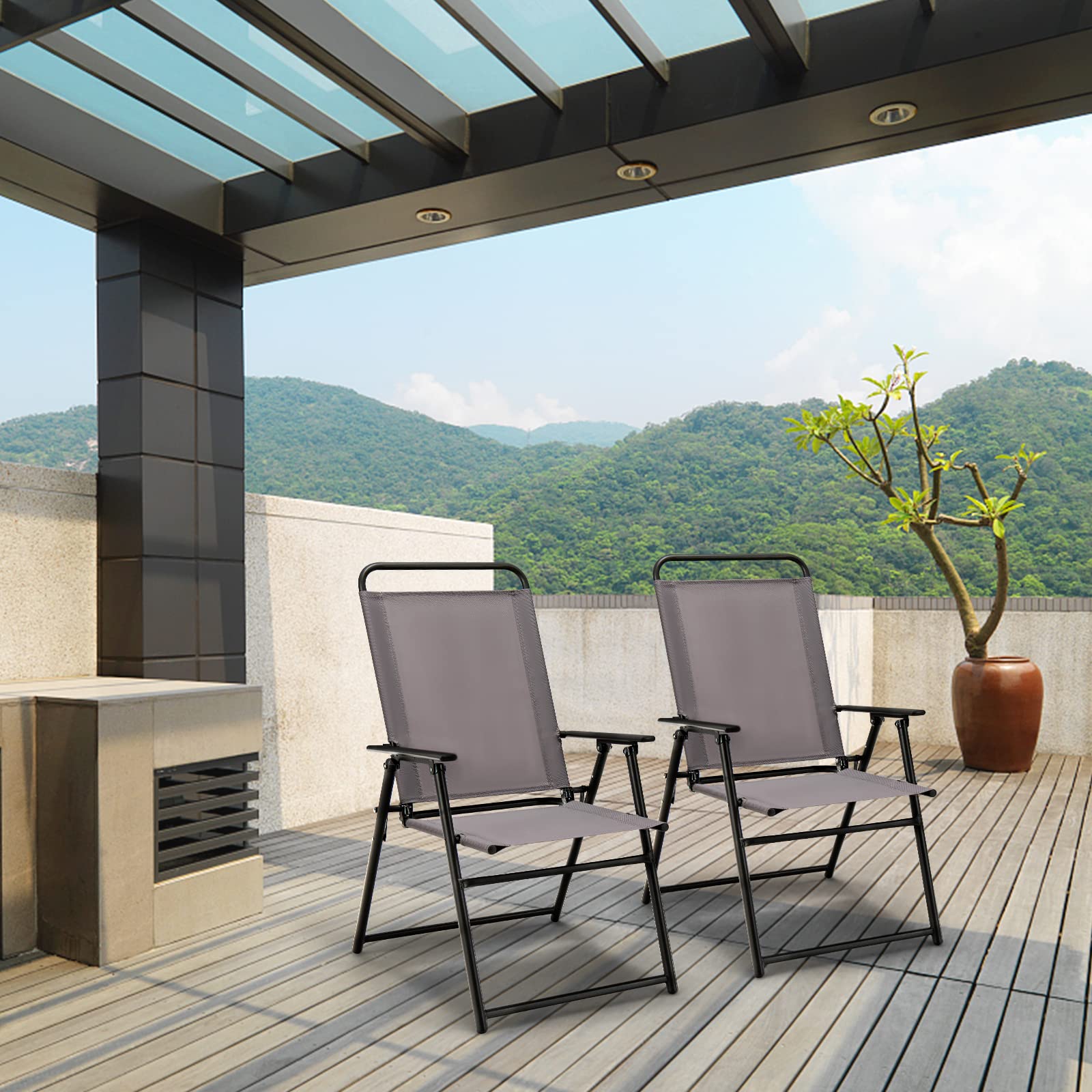 RELAX4LIFE Set di 2 Sedie Pieghevoli, Sedie da Giardino in Tessuto Traspirante, Braccioli e Poggiapiedi, Struttura in Metallo, Senza Montaggio, Portatili per Esterno, Max 150KG (Grigio, 59x50,5x93cm)
