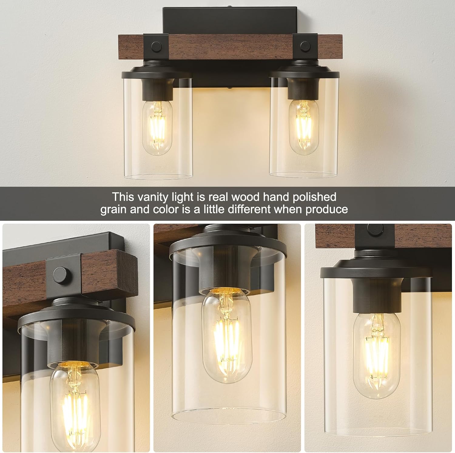 GoYeel Farmhouse Vanity Lights for Bathroom, Wooden Rustic Vanity Lighting fixtures 2-Light Bathroom Lights Over Mirror Vintage Wall Sconce Lighting with Clear Glass Shade for Bedroom Hallway