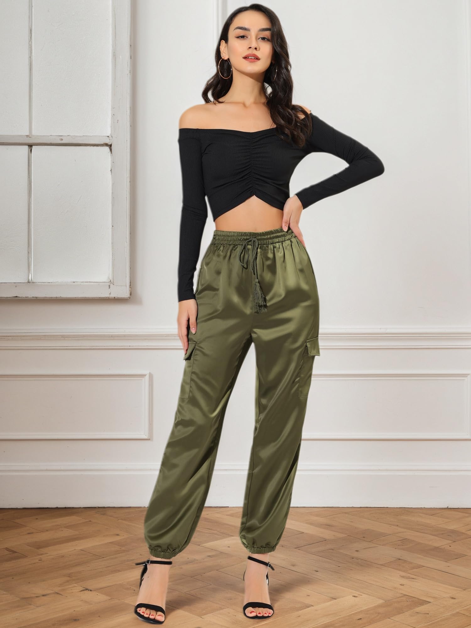 Allegra K Pantaloni Cargo da Donna in Raso di Seta con Elastico a Vita Alta con Coulisse Casual Elegante