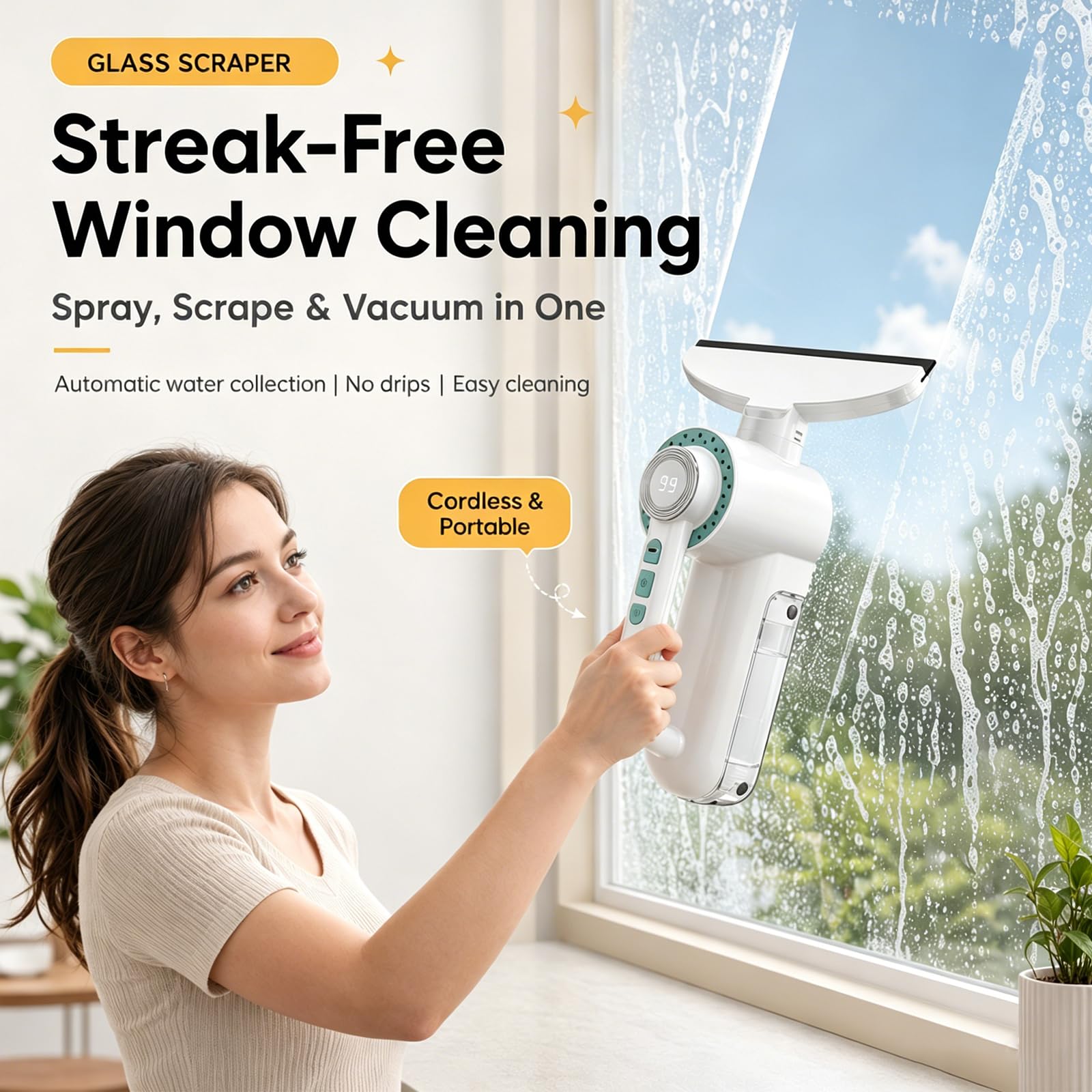 Elektrischer Fenstersauger mit Teleskopstange, 28 cm Saugdüse, Akku, mit Sprühflasche, für Fenster, Duschtüren und Spiegel