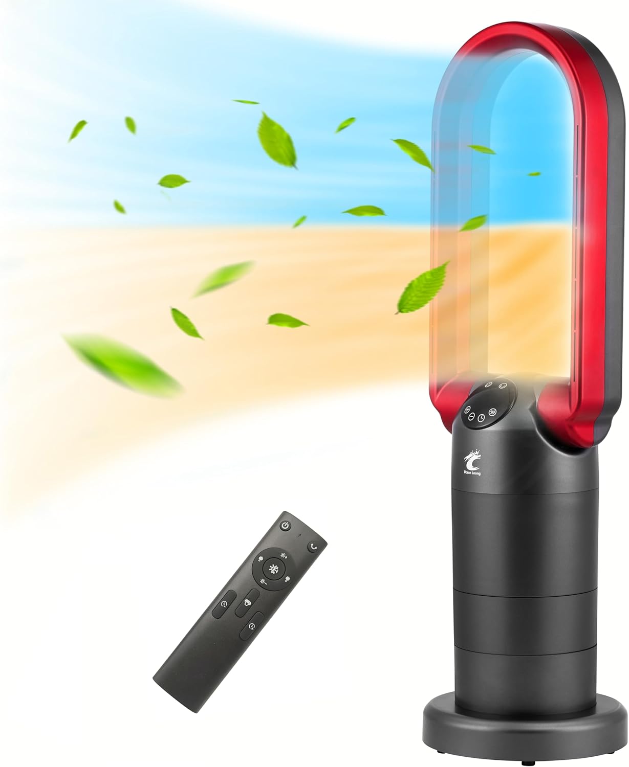 Ocean Loong AB01H Bladeless Tower Fan and Space Heater Combo with remote control, showing both cool and warm airflow.