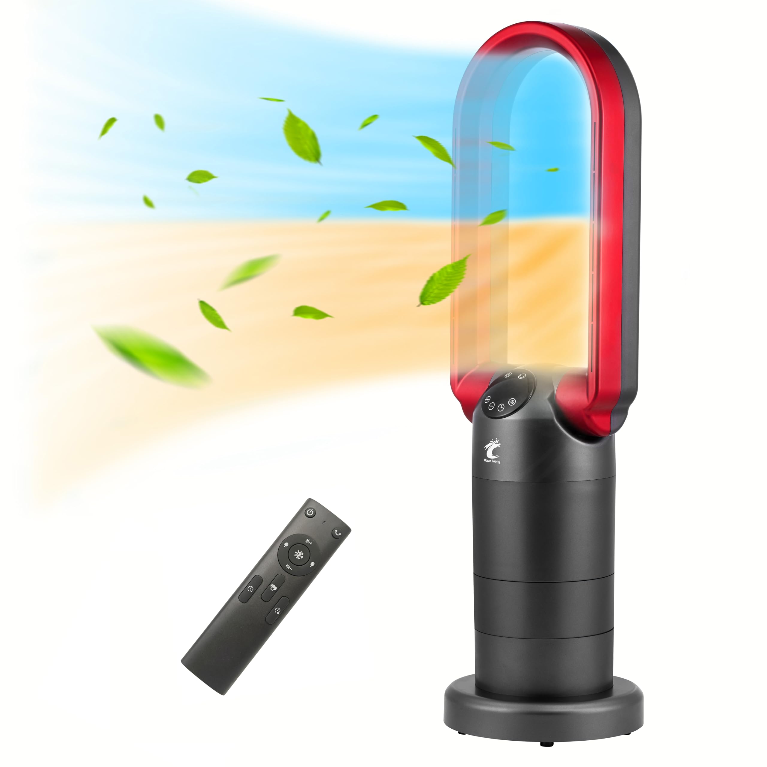 Ocean Loong 1500W Bladeless Tower Fan & Space Heater Combo for Home with Remote Control Timer Oscillation Tip-Over Switch and Adjustable Thermostat, 29'' AB01H (Red)