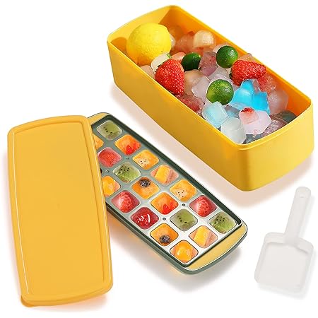 HOMQUEN Ice Cube Trays for Freezer, Easy Release Silicone 21-Grain Ice Trays with Lid, Storage Container, Scoop, Square Ice Ball Maker Mold, Ice Cube Mold for Chilling Whiskey Tea Coffee (Yellow)