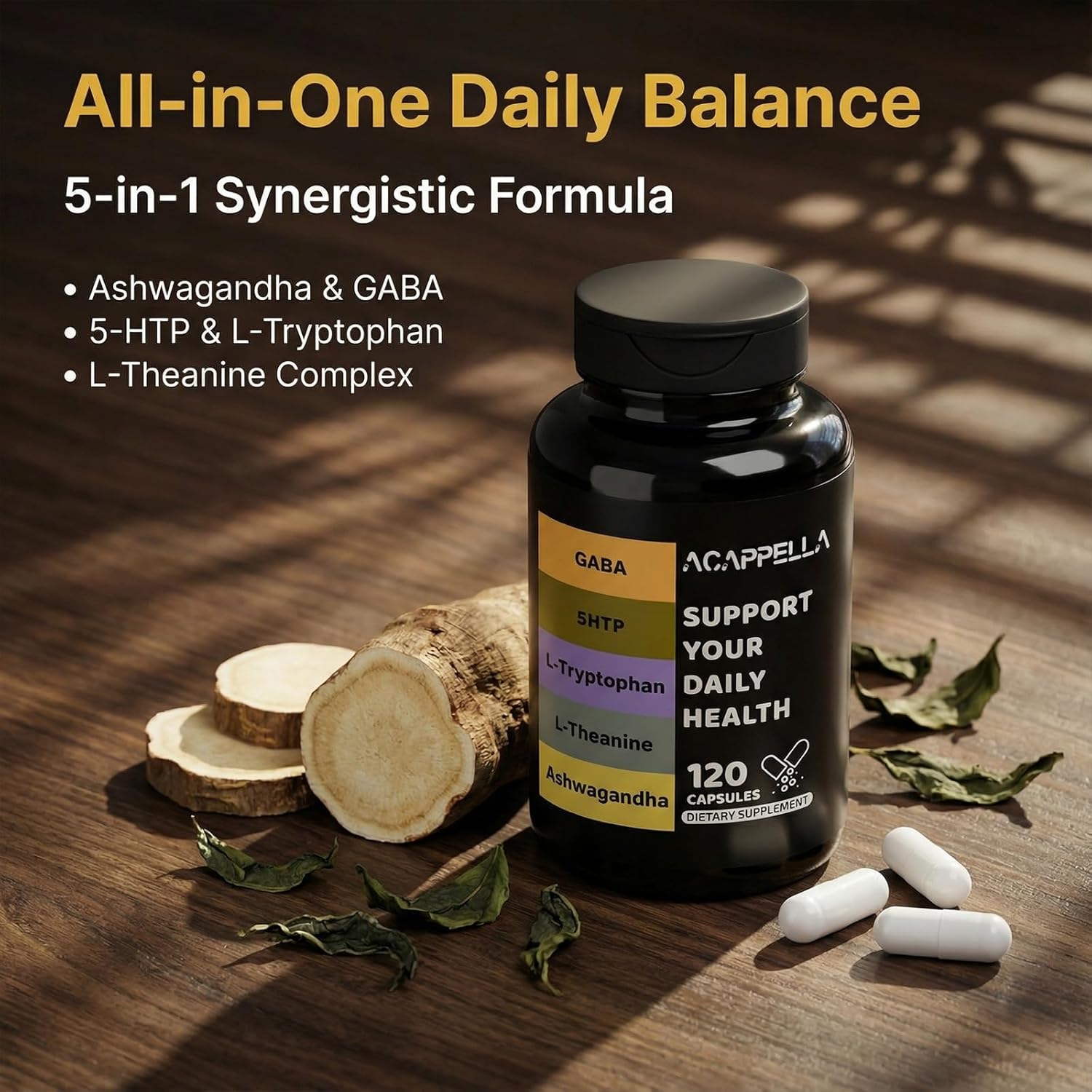 ACAPPELLA Ashwagandha Capsules with 5HTP 200mg Capsules GABA l-tryptophan 1000mg l-theanine Supplement - 120 Count