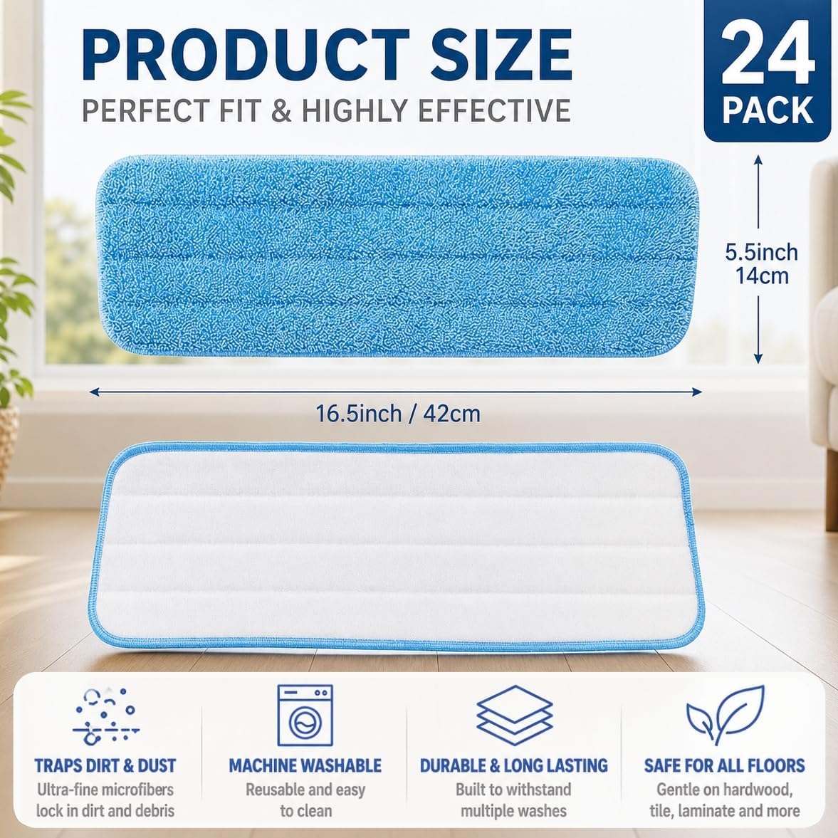 ZAVOOS 24 Pack Microfiber Mop Pads, 16.5 Inch Reusable Spray Mop Replacement Heads for Wet Dry Mops, Washable Commercial Cleaning Mops Refills Bulk for Hardwood, Hard Surface Floors