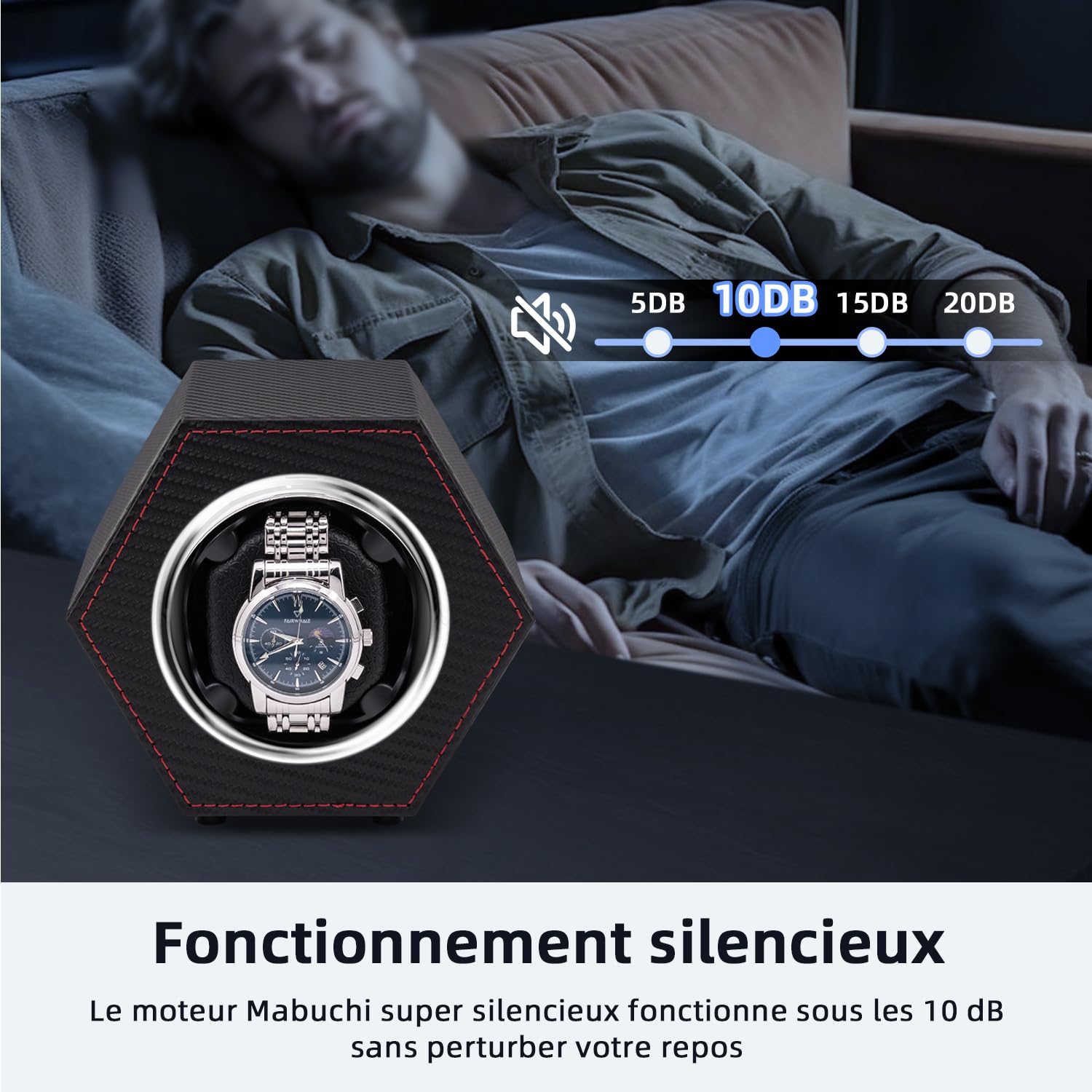 Mcbazel Remontoir de Montre Automatique Rotatif 1 Slot - Boîte Hexagonale en Cuir PU avec Port Type-C - Fibre de Carbone