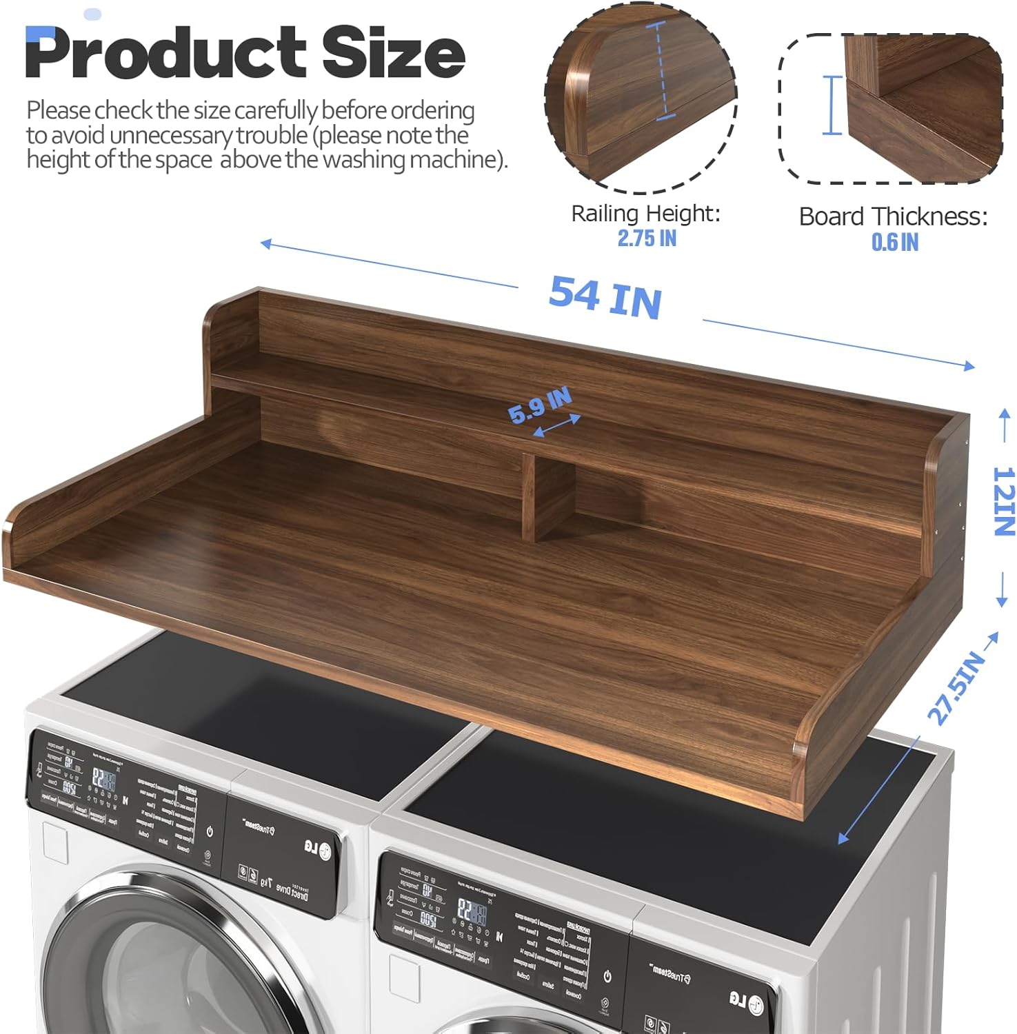 2-Tier Washer and Dryer Countertop with 2.75" H Guard,54" W x 27.5" D Laundry Countertop Cover with Non-Slip Pad,Large Space Laundry Topper for Folding Clothes Over Washer and Dryer-Dark Walnut Standard-2 Tier (54"Wx27.5"Dx12"H) Dark Walnut