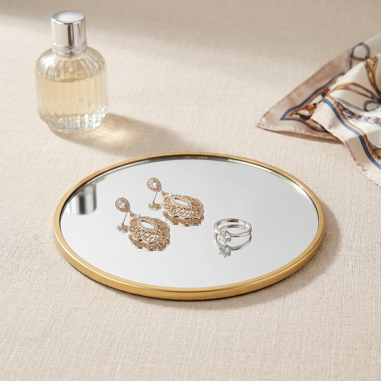 8 PCS Mirrored Glass Coasters with Holder, 4'' Round Cup Mat for Drinks, Gold Brass-Coated Drink Coasters Non-Slip Cup Coaster Elegant Table Décor for Bar Kitchen Home Decor