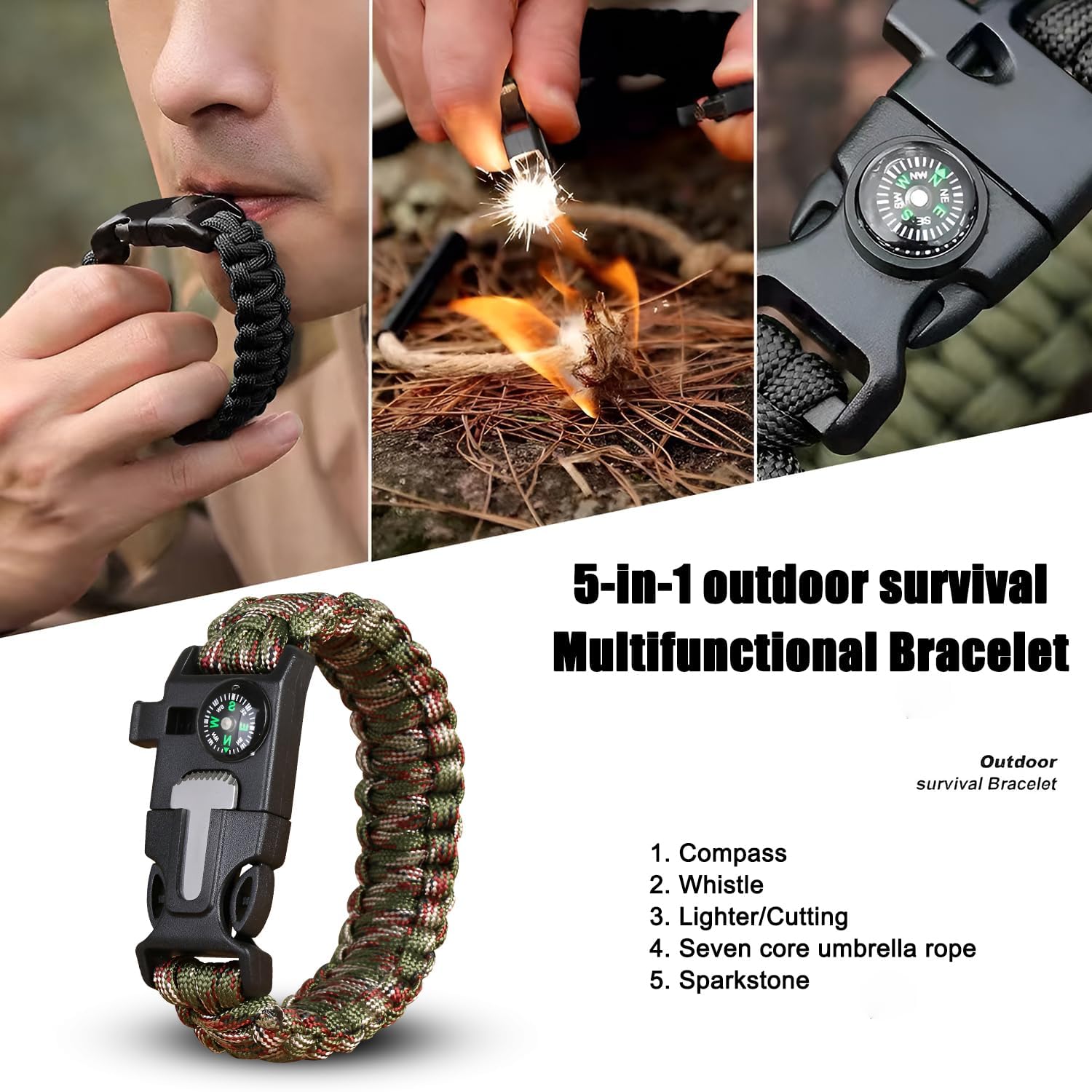 Pulsera de supervivencia de paracord 2 piezas, 5 en 1, cuerda de 3,5 m, piedra de fuego, brújula, silbato, mini cuchillo, ajustable al aire libre, senderismo, Trek