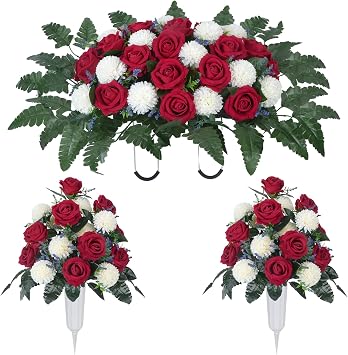3 Pack Headstone Flower Saddle Artificial Cemetery Flower Bouquet with Vase