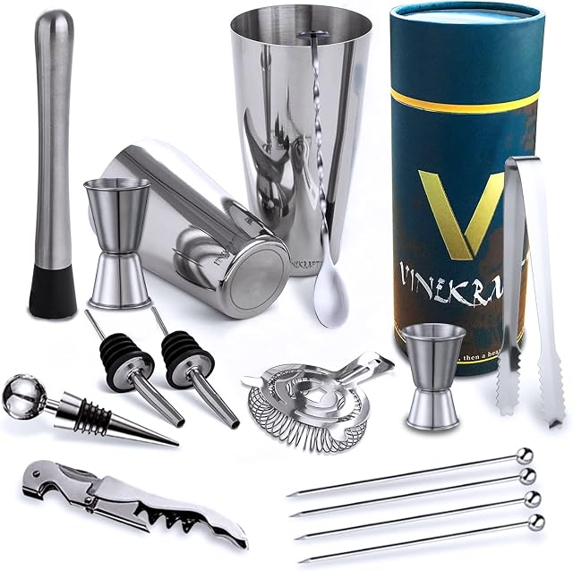 VINEKRAFT Cocktail Making Set, 16pcs Boston Cocktail Shaker Kit, Professional Stainless Steel Bartender Kit for Home, Bar, Party