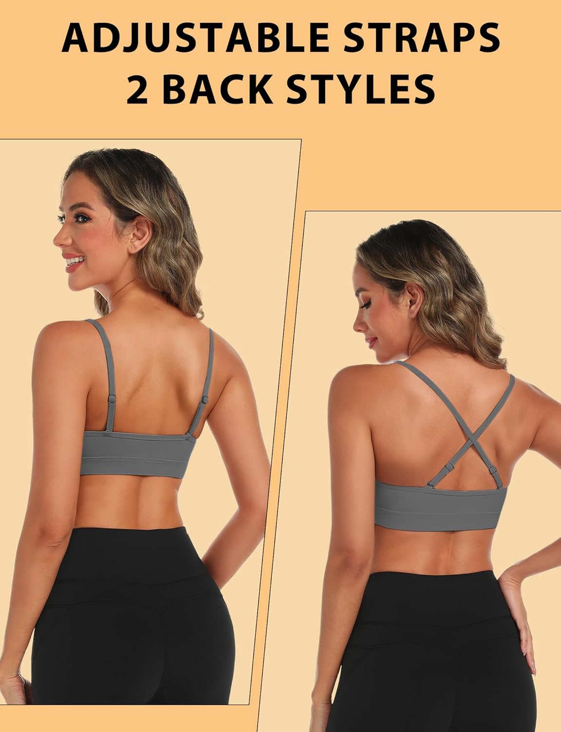 Buauty V Neck Sports Bra for Women, Padded Push up Women's Sport Bras Adjustable Thin Straps, Light Support Yoga Camisole Basic Top, Low Impact Spaghetti Strap Sport Racerback Bras Grey XL - Image 6