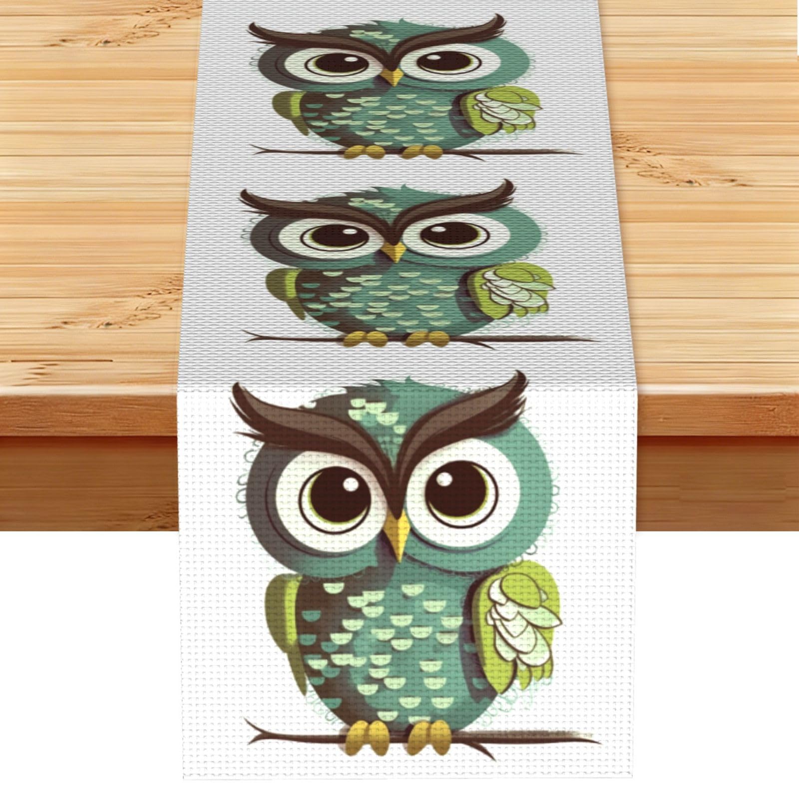 Cartoon Green Cute Owl Table Runner 13 x 72 Inches Long, Cotton Linen Table Runners for Kitchen Dining Table Decoration - Washable Tablecloth Modern Tablerunner for Home Party Decor