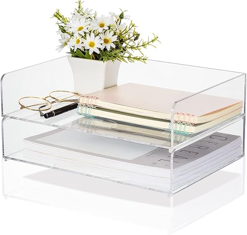 Yulejo 2 Pcs Acrylic Desk Organizers and Accessories Tier Paper File Organizer Tray Stackable Document Clear Desk Accessories for Office Workspace Organization (12.4 x 8.74 x 2.68 Inch)