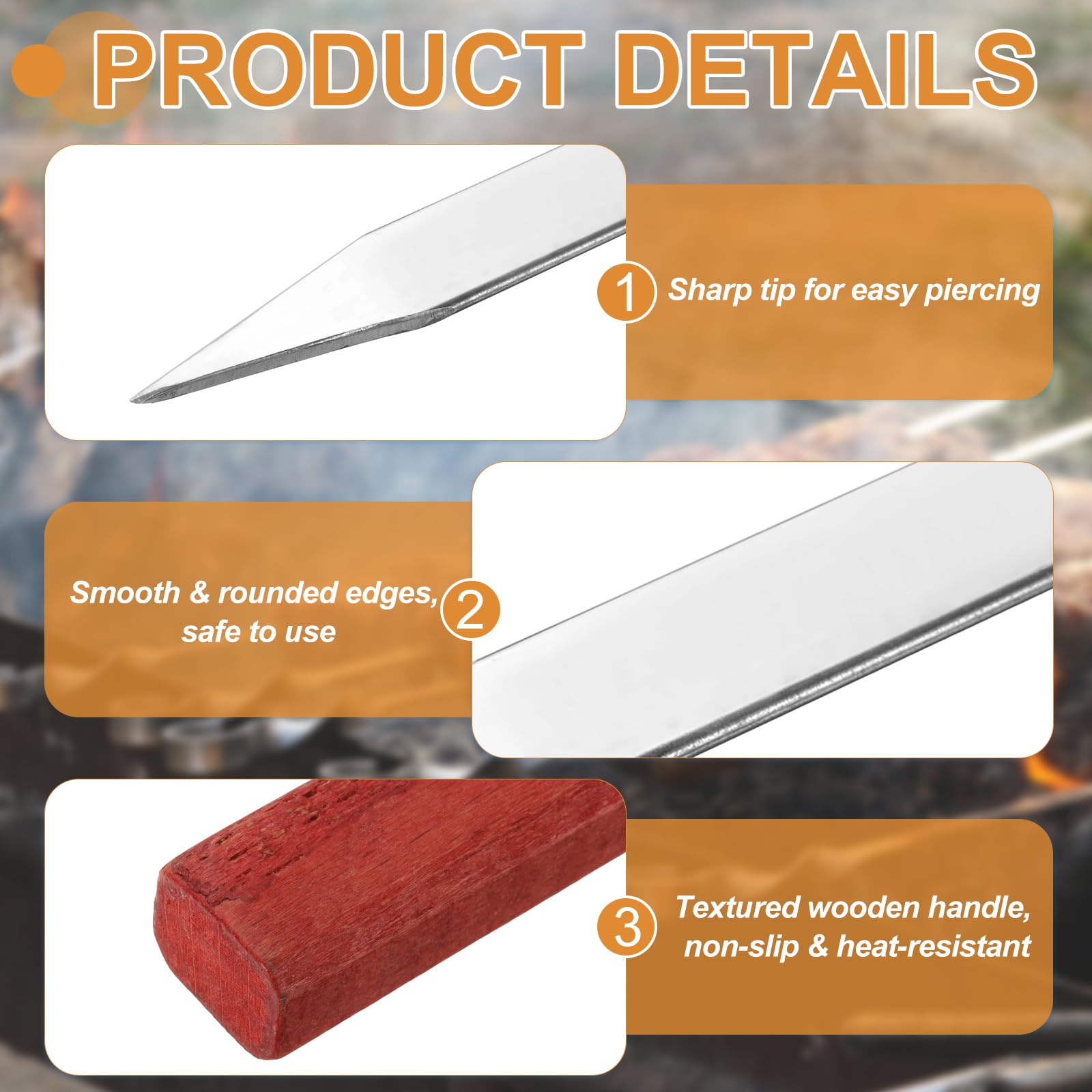 sourcing map 6 spiedini in metallo per grigliare, 57 cm, piatti in acciaio inox, con manico in legno, durevoli, riutilizzabili, per grigliare, barbecue, cucina, picnic, feste, argento