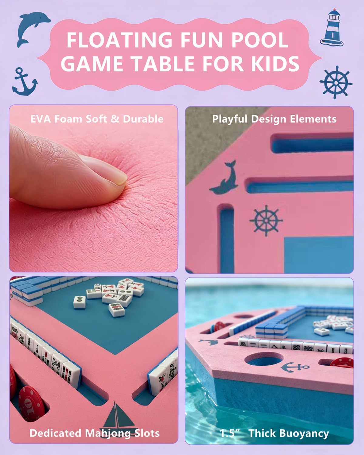 19 Inch Floating Mahjong Table for Pool & Lake, Outdoor Floating Game Table for Mahjong Card Games Scrabble Dominoes Poker