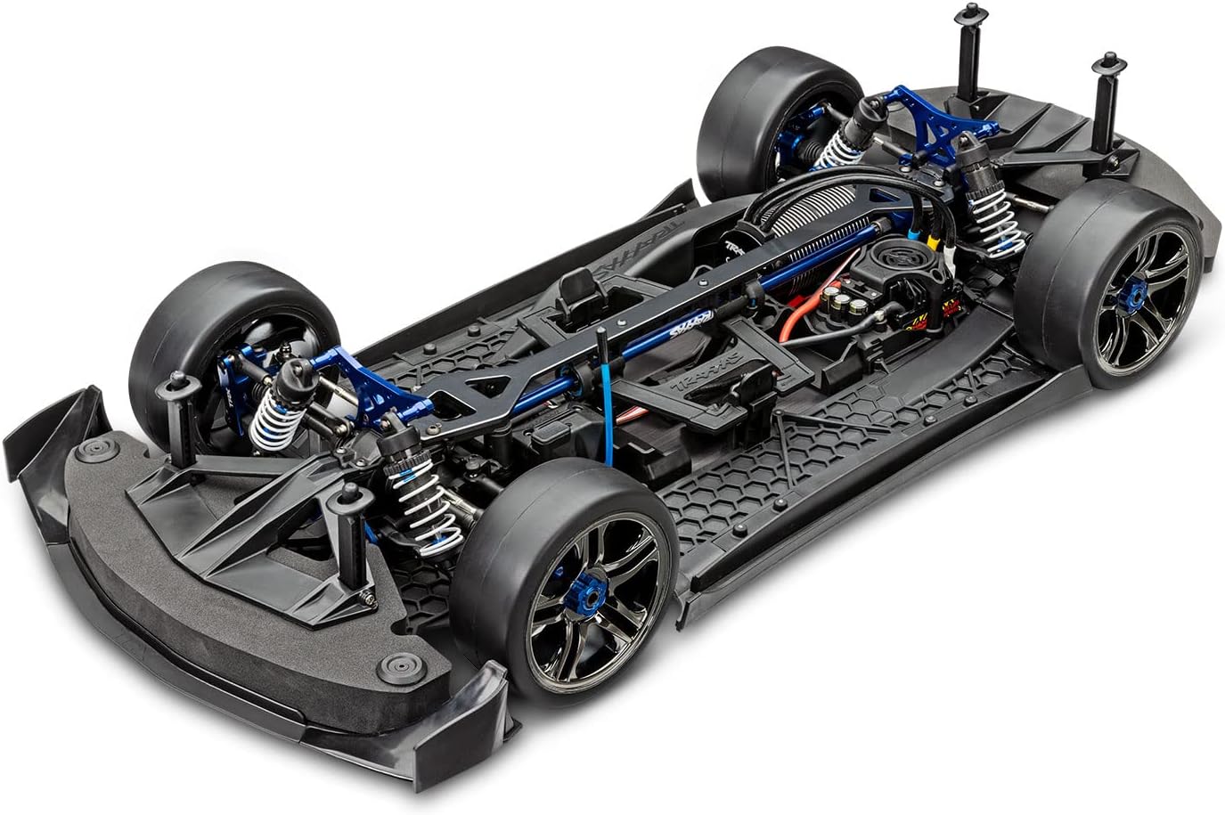 Traxxas XO-1 chassis view, angled from above, showing suspension and electronics