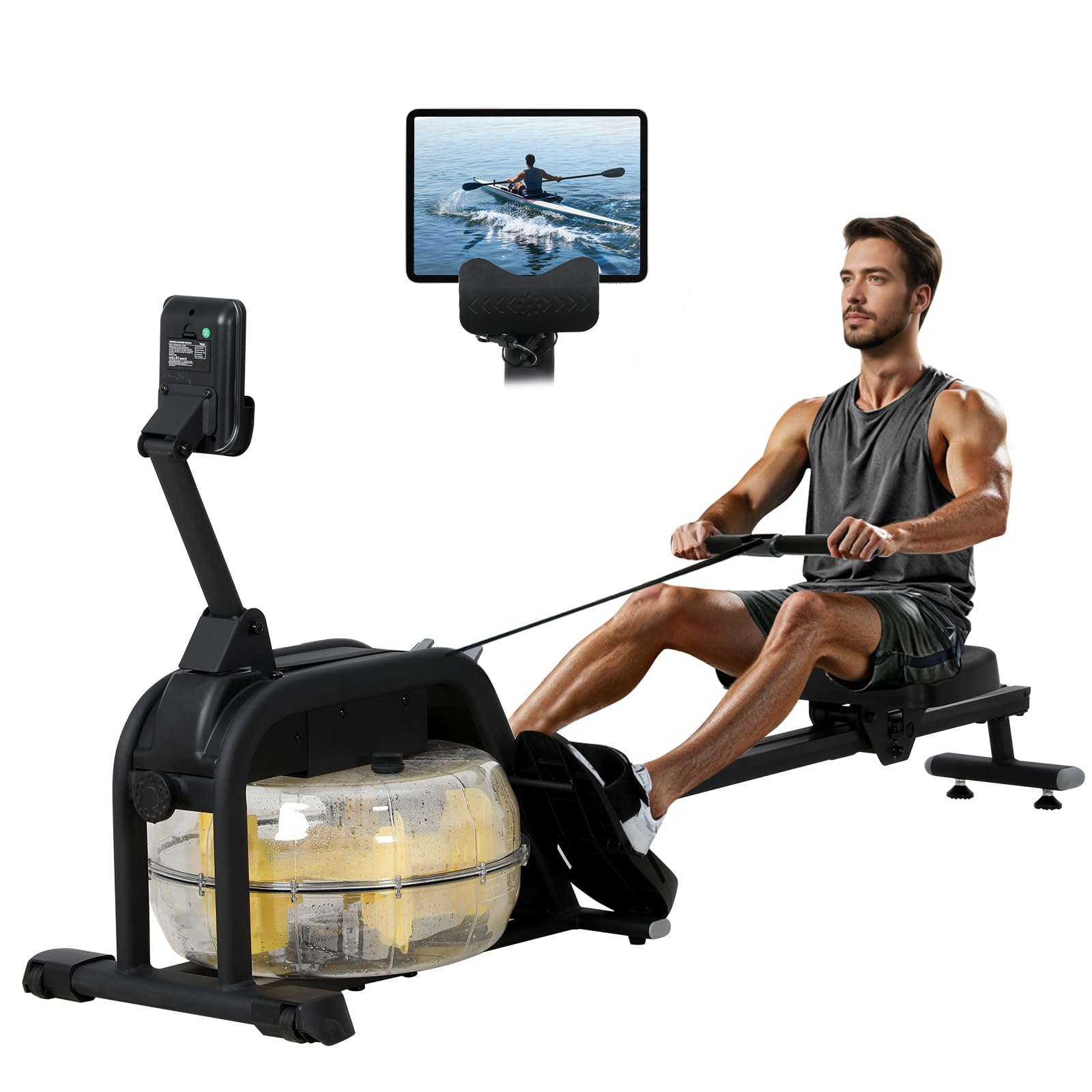 Rameur Eau d'Appartement Musculation avec Résistance Réglable, Multifonction Écran LCD, Support Tablette, Rameur a Eau Rails Lisses/Siège Confortable, Rameurs Ergonomie Capacité 135KG, Noir