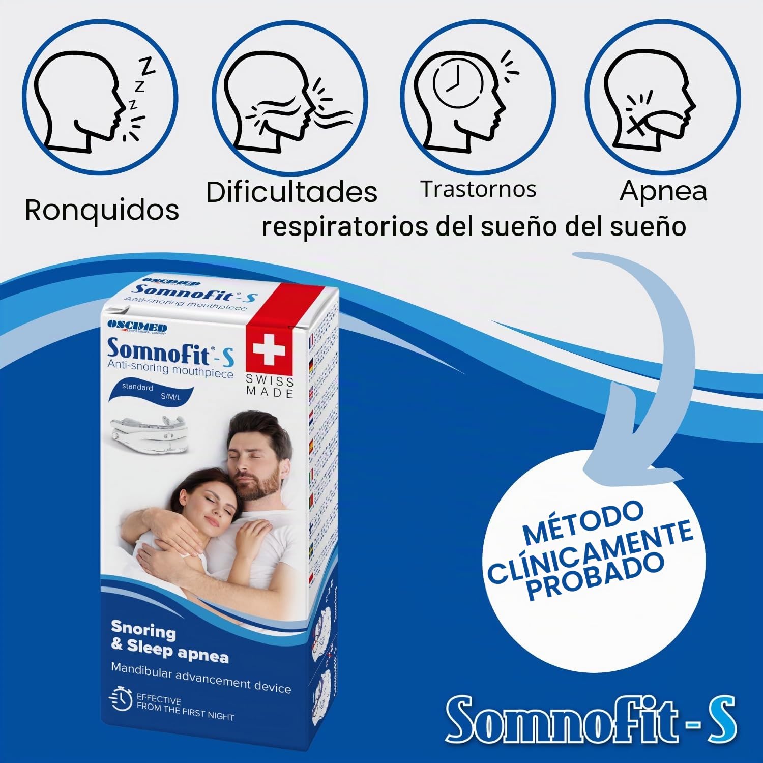 Somnofit-S – Ortesis antironquidos – Canal dental flexible y termoformable – Diseño patentado, gran comodidad – Ortesis mandibular fabricada en Suiza