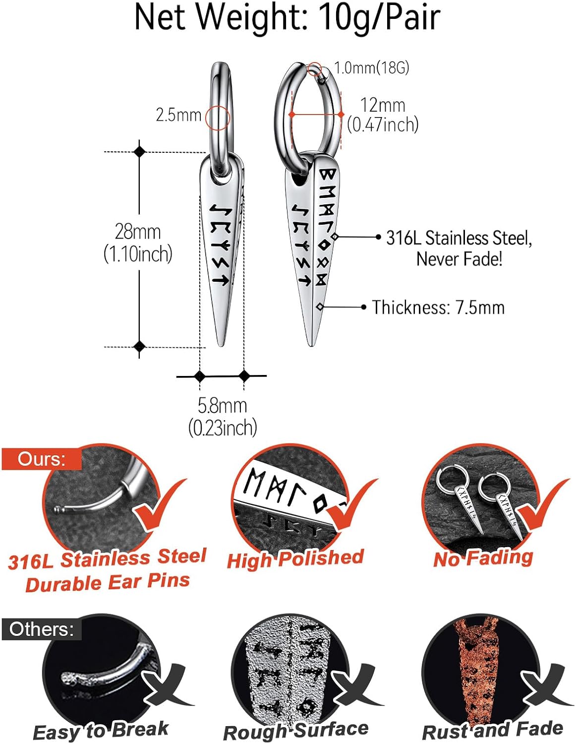 FaithHeart Norse Viking Runes Hoop Earrings for Men Hypoallergenic Stainless Steel Punk Huggie Hoop Earring Sturdy Norse Mythology Jewelry Gifts with Delicate Packaging - Image 6