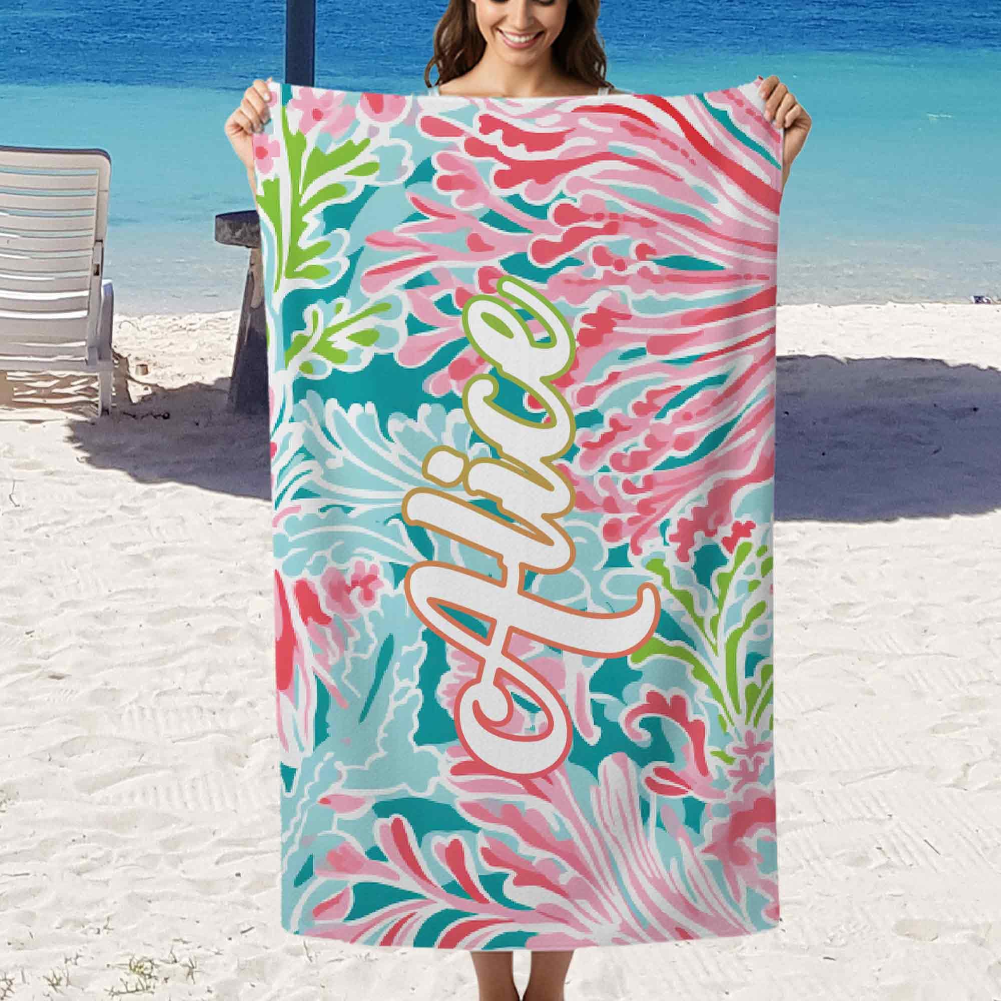 Print Maniacs Personalised Hibiscus Beach Towel with Name Custom Tropical Microfibre Towel Quick Dry Lightweight Travel Towel Summer Holiday Pool Gym Spa