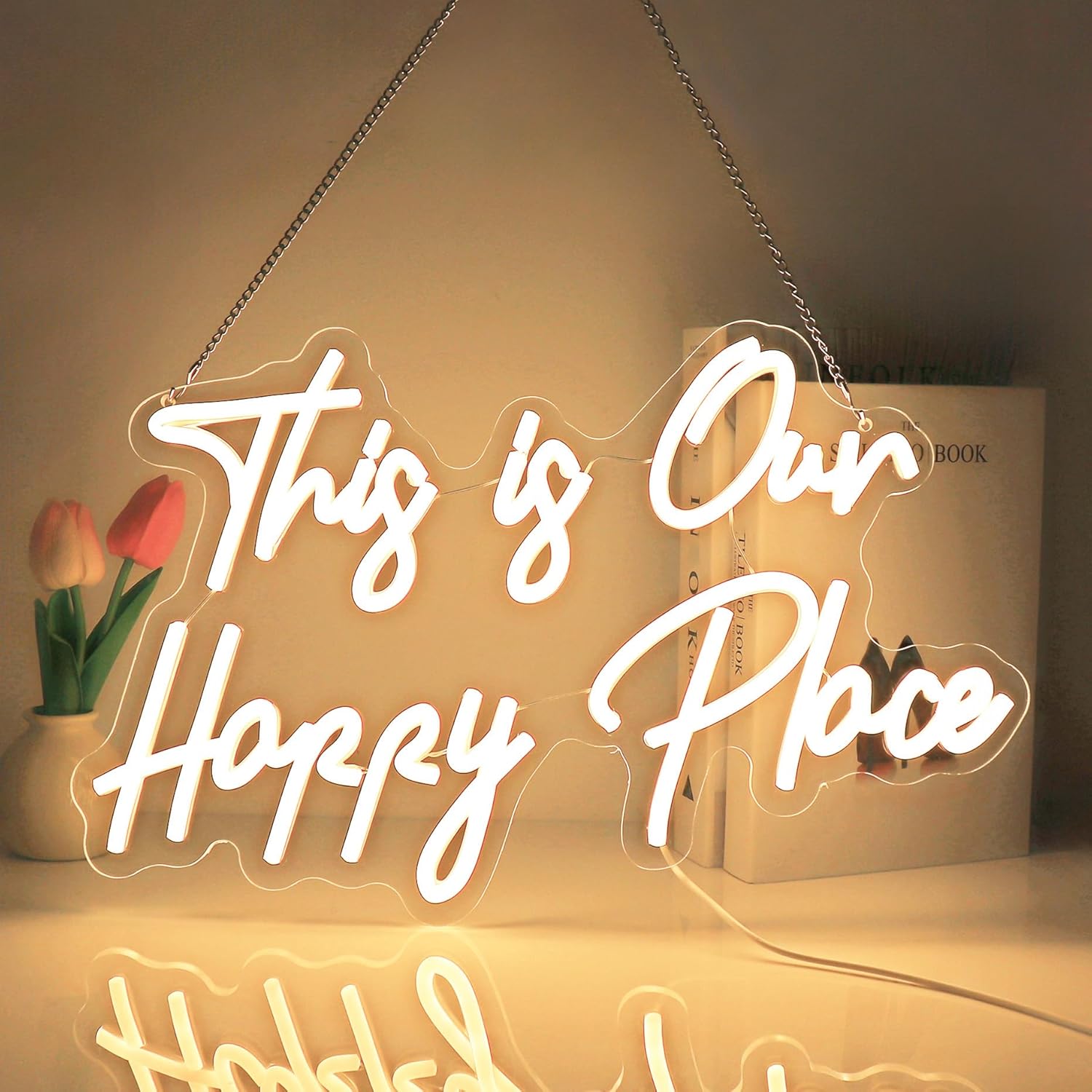 This Is Our Happy Place Neon Sign, Neon Signs for Wall Decor Neon Warm White LED Signs Room Neon Light Up Signs Home Decor for Bedroom Club Party Bar Shop USB Operated