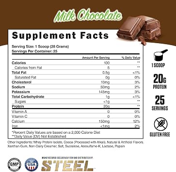 Steel Supplements Whey-Iso | Whey Isolate Protein Powder | Fast Absorbing | Lean Muscle Growth | Easy Digestion | Gluten Free | Low Carb | 25 Serving (Milk Chocolate)