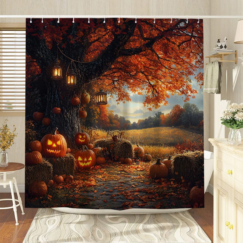 Fall Forest Farm Shower Curtain Rustic Pumpkin Maple Forest Haystack Country Autumn Natural Scene Harvest Thanksgiving Day Polyester Fabric Bathroom Decor 70×96 Inch with Hook
