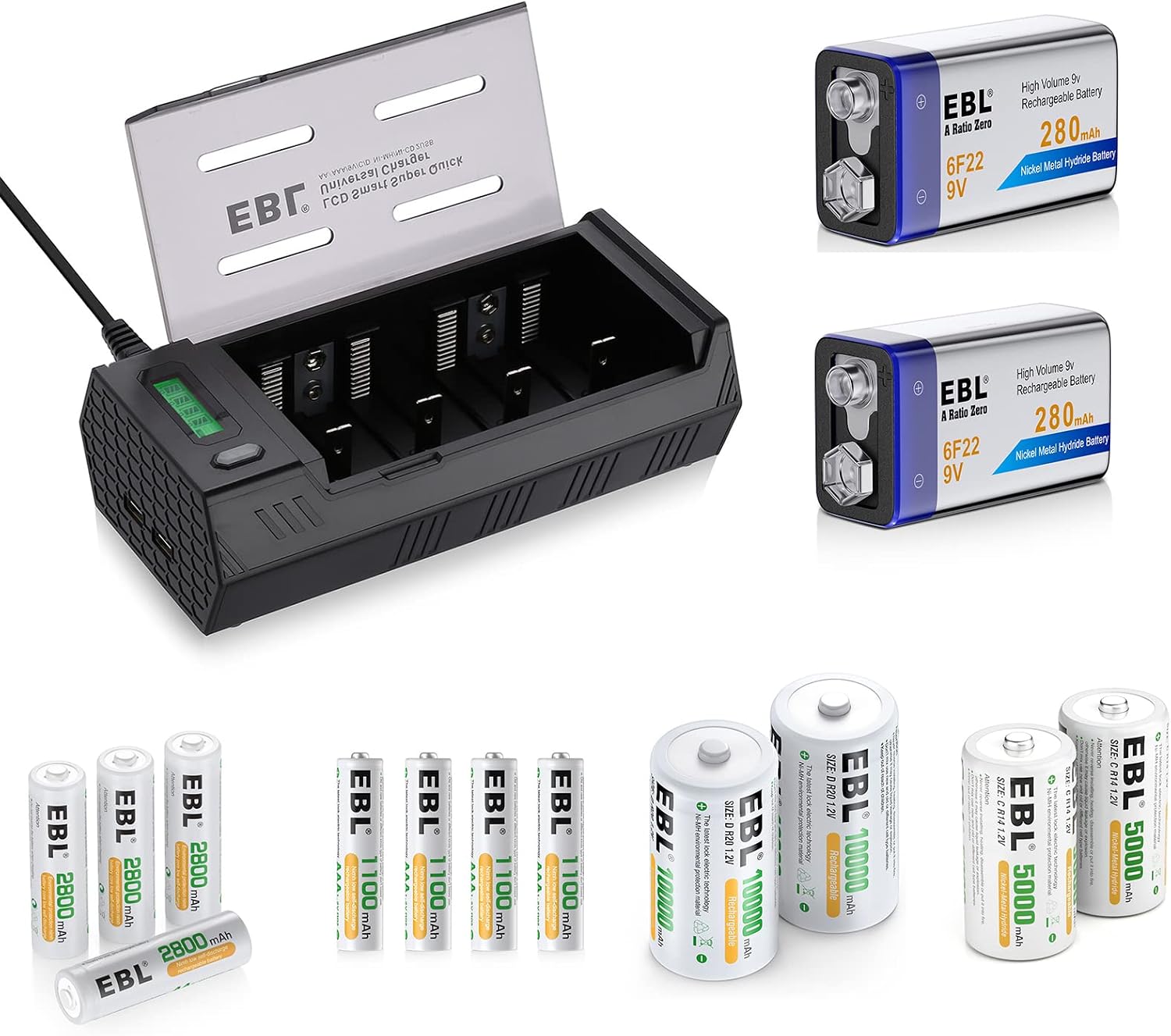 EBL Rechargeable Batteries Combo (2Pcs AA, 2Pcs AAA ， 2Pcs C, 2Pcs D 2 Pcs 9V) and LCD Ni-MH Ni-CD AA AAA C D 9V Battery Charger