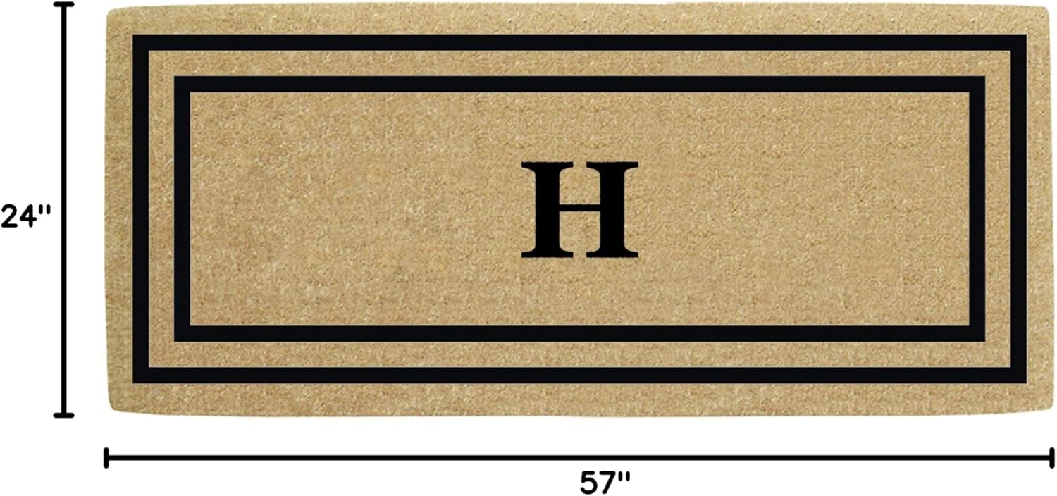 Nedia Home Heavy Duty Coir Door Mat - Personalized Monogram H, Thin Double Picture Frame Design, Natural Coco Fiber Welcome Mat, Durable Handcrafted Outdoor Rug, Eco-Friendly, 24" x 57", O2172H