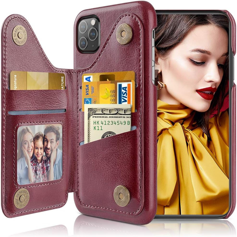 LOHASIC for iPhone 11 Pro Wallet Case, 5 Card Holder Phone Cover to Women Girls, Premium PU Leather Credit Slot, Magnetic Clasp Kickstand Flip Folio Portfolio Pocket, 5.8 Inch - Burgundy