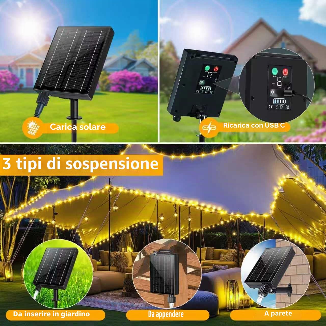53M 500LED Catena Luminosa Esterno Solare, Super Lange LED tubo luce, IP65 impermeabile 8 Modi Luci Solari da Giardino, für Garten Terrasse Schlafzimmer Party, Matrimonio, Villa Deko (riscalda)