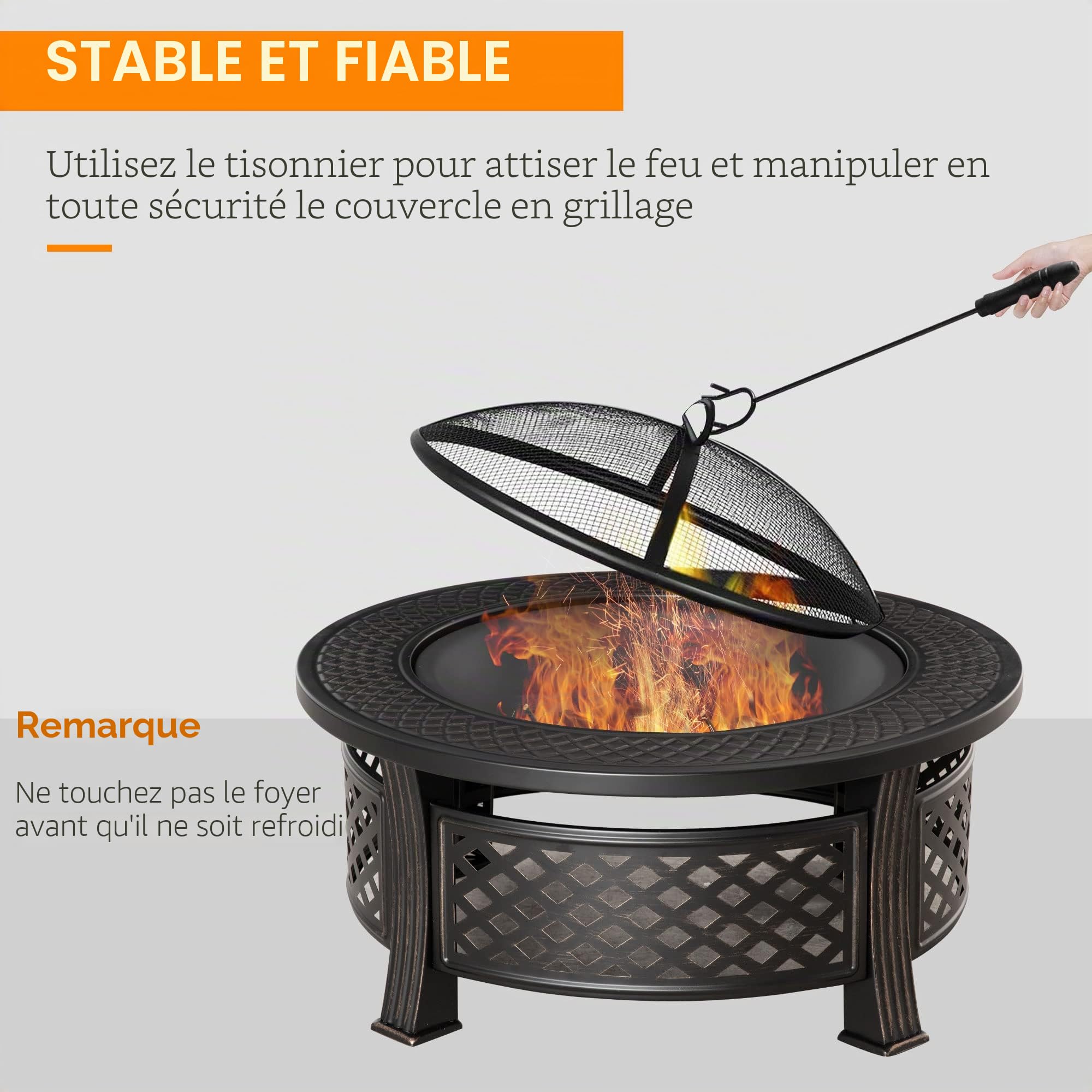 Outsunny 81cm Foyer extérieur Rond avec Grille Filet tisonnier Ton Bronze