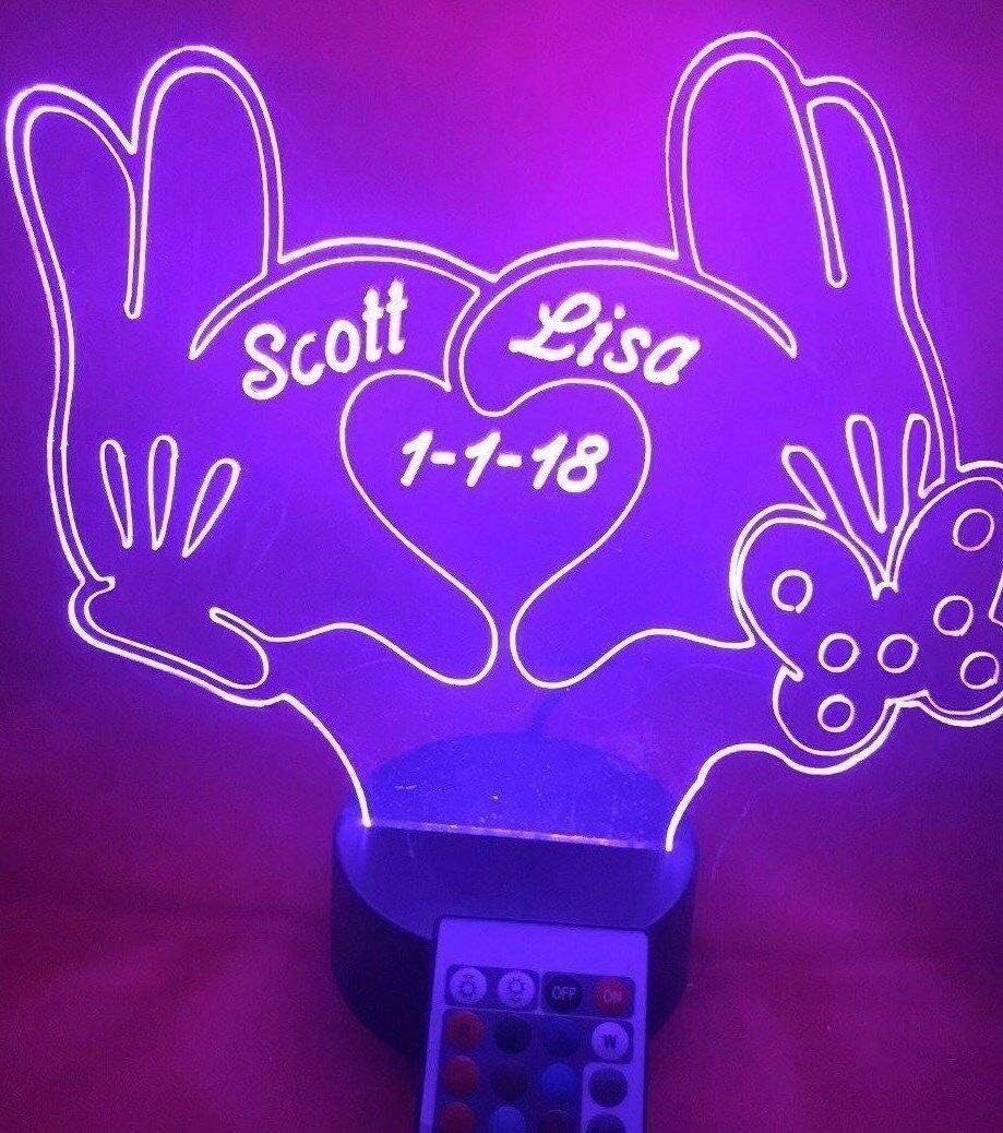 MIRROR MANIA Couple in Love Hands Heart Together Forever Personalized Light Up Love Hands, Heart and Bow Light Up Lamp LED - It's Wow, with Remote, 16 Color Options, Dimmer, Free Engraved