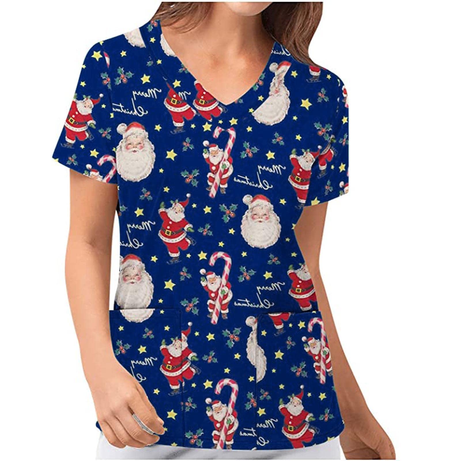Christmas Scrubs Top For Women Plus Size Short Sleeve V