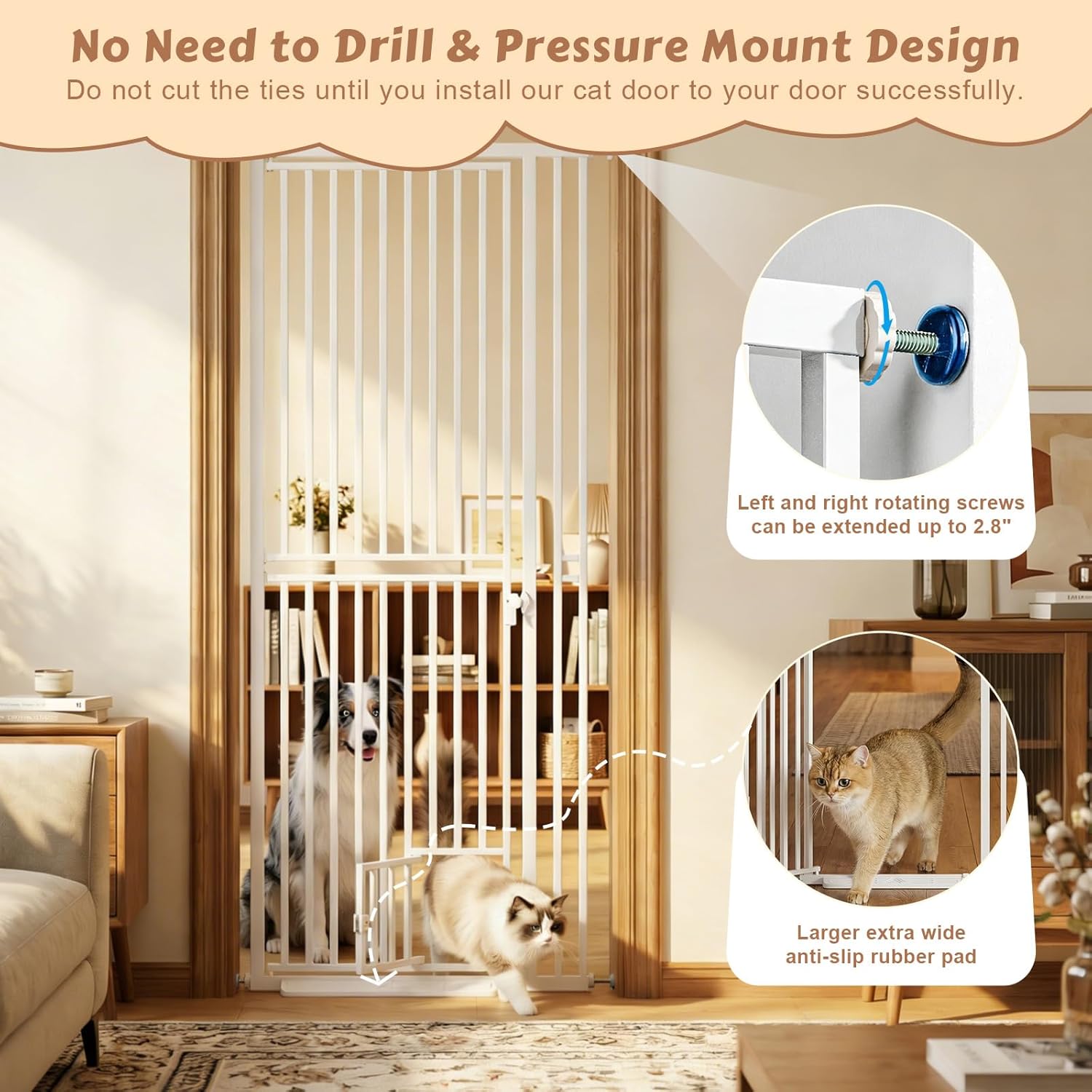 78.7" Extra Tall Pet Gate with Cat Door, Pressure Mounted Walk Through Gate for Stairs & Doorways, Fits 28.7"-37.5" Wide, Auto Close Safety Dog Gate, No Drill, White