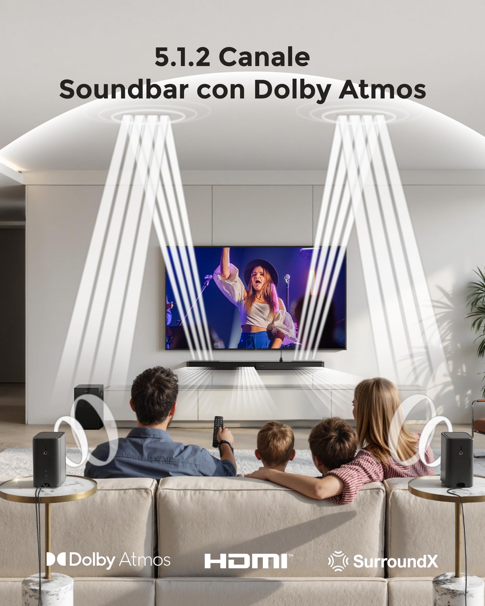 ULTIMEA 5.1.2 Soundbar con Dolby Atmos, Sistema Audio Surround per TV con 2 Altoparlanti Surround, Controllo APP, Soundbar per Smart TV con Subwoofer Home Theater, BT 5.4, HDMI eARC, Skywave F40 Boom
