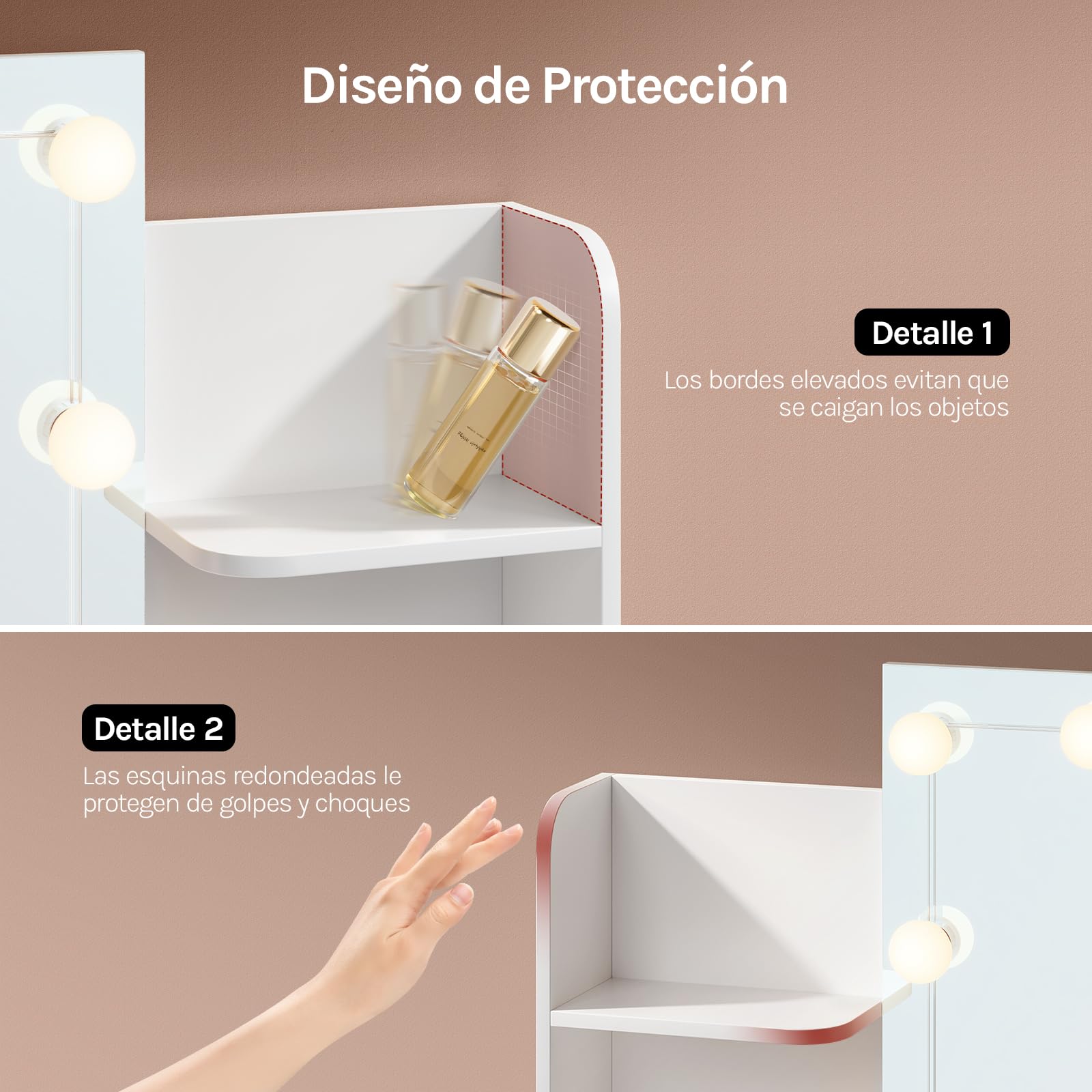 WOLTU Tocador de Maquillaje con Espejo, Luz LED, Regleta de Enchufes, 2 Cajones y 4 Estantes, Ancho 90 cm, Mesa de Tocador Moderno para Dormitorio, Blanco, MB6123ws